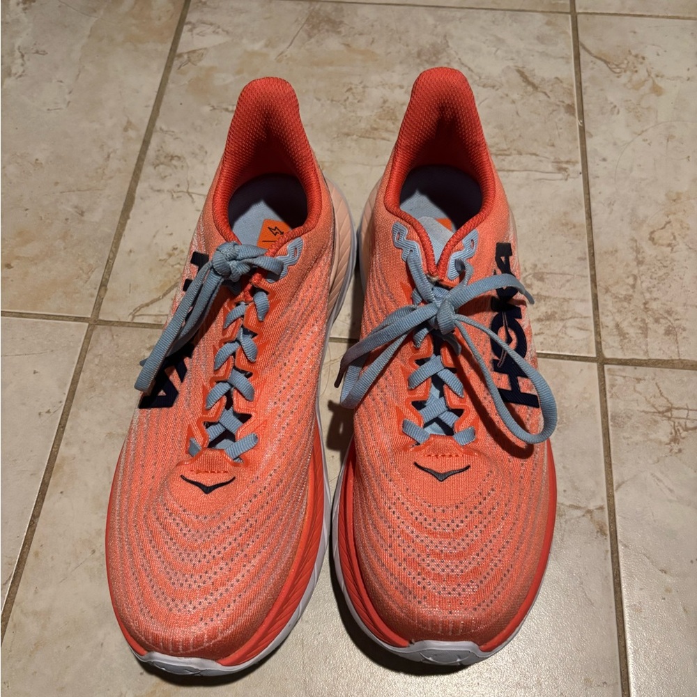 Hoka Athletic Shoes in Coral and Light Blue